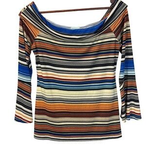 Veronica M Made in USA Multicolor Stripe Boatneck Top Flare Sleeve Boho Medium